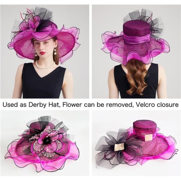 Women Organza Church Tea Party Hats Floral Pink main image 7